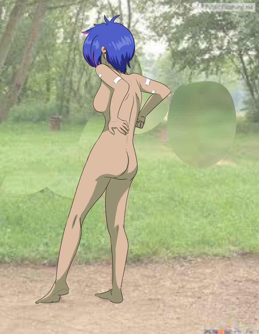 1girls alternate_version_available anonymous_artist ass barefoot blue_hair crush_crush feet female light_skin light_skinned_female naked naked_female nova_(crush_crush) public public_nudity sad_panda_studios short_hair standing