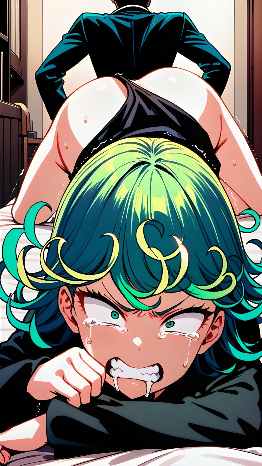 1girls after_sex ai_generated ass ass_up bed bedroom bent_over crying crying_with_eyes_closed crying_with_eyes_open cum female forced forced_anal forced_orgasm green_eyes green_hair holding_pillow one-punch_man orgasm partial_male rape short_hair tatsumaki tears violated_heroine violation