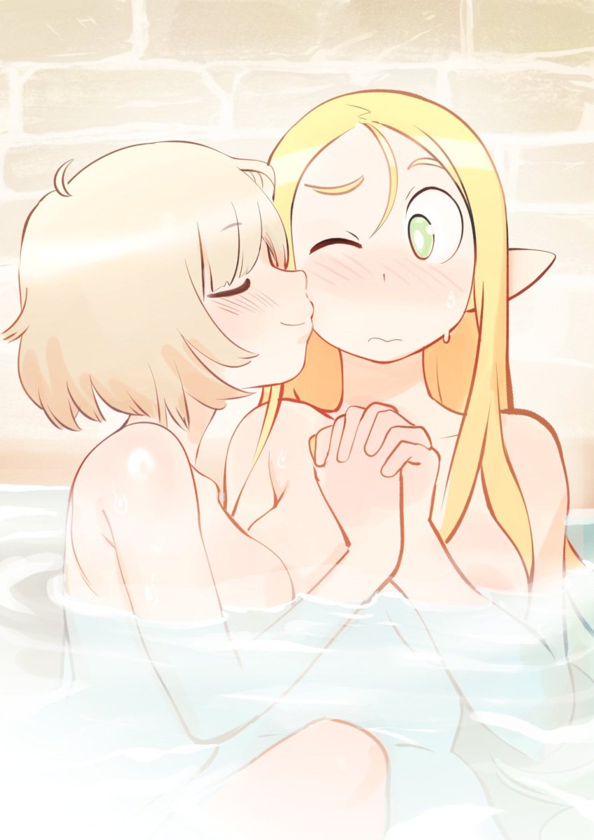 2girls bath blonde_hair breasts colo dungeon_meshi elf elf_ears elf_female falin_touden fanon_couple female female_only kiss kissing kissing_cheek marcille_donato multiple_girls nude tagme water wholesome yuri