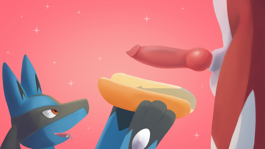 16:9 2019 ambiguous_gender animal_genitalia animal_penis anthro balls blue_fur canid canine duo erection food food_play fur genital_focus hot_dog hot_dog_bun humor kibo_wolf knot lucario lycanroc male male_only mammal midnight_lycanroc nintendo nude open_mouth penis penis_hot_dog pokemon pokemon_(species) red_eyes smile tongue video_games white_fur