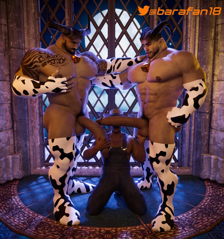 3boys 3d 3d_(artwork) 3d_model abs absurd_res adaar animal_print anthro arm_around_waist arm_tattoo armwear artist_name ass balls balls_grab balls_touching bara barafan18 beard big_biceps big_pecs big_penis black_hair blue_overalls boots brown_boots brown_clothing brown_footwear canon_couple clothing couple cow_print cow_print_thighhighs cowbell dark-skinned_male dark_hair dark_skin deltoids digital_media_(artwork) dorian_pavus dragon_age elbow_gloves facial_hair footwear gay gay_male gay_sex genitals gloves group hair half-erect hand_on_balls hand_on_hip hand_on_penis handwear hi_res holding_partner horn human humanoid iron_bull kneeling larger_humanoid larger_male legwear looking_at_partner mage male male/male male_only mammal monster_cock moon mostly_nude moustache moustache night nipples pecs penis penis_grab penis_size_difference pubes qunari sex shoulder_tattoo size_difference smaller_human smaller_male standing standing_position tattoo thigh_highs trio twitter twitter_handle twitter_logo window yaoi