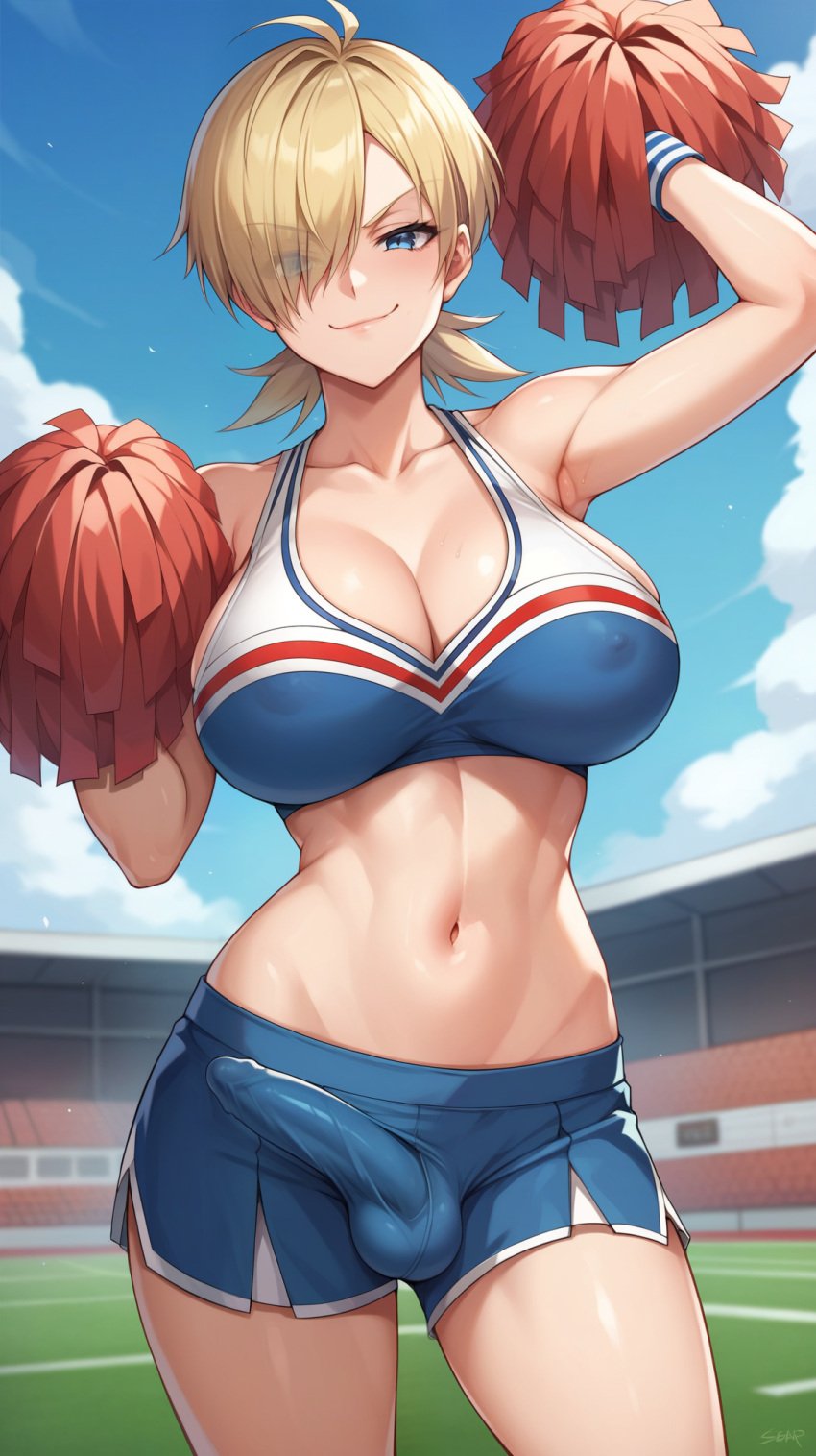 ai_generated armpit armpits athletic athletic_female belly belly_button blonde_hair blue_eyes breasts bulge cameltoe cheering cheerleader cheerleader_outfit cheerleader_uniform crop_top erection erection_under_clothes erection_under_skirt female female_focus female_only futa_only futanari hair_over_one_eye hellsing_ultimate hjqjjwbeb huge_breasts huge_thighs large_breasts large_thighs looking_down narrow_waist navel nipples nipples_visible_through_clothing pom_pom_(cheerleading) pom_pom_(clothes) pom_poms public see-through seras_victoria shaved_armpit skirt smirk smug smug_face smug_grin solo stadium stadium_background standing stomach tagme thighs tummy vampire vampire_girl waist