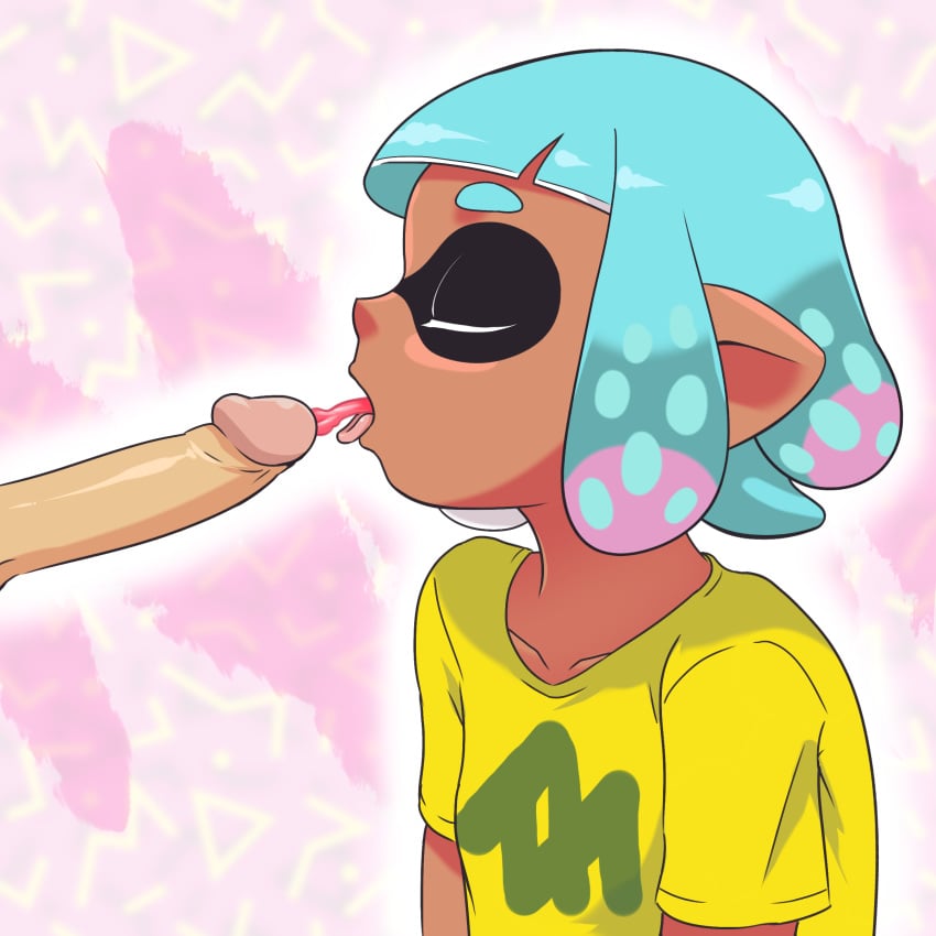 1boy 1girls absurdres aqua_hair bangs blush_stickers closed_eyes cum cute dark_skin domino_mask ejaculation female highres inkling malev mask multicolored_hair nintendo open_mouth penis pink_background pink_hair pointy_ears profile shirt short_hair short_sleeves sidelocks splatoon t-shirt tentacle_hair thick_eyebrows tongue tongue_out two-tone_hair upper_body yellow_shirt