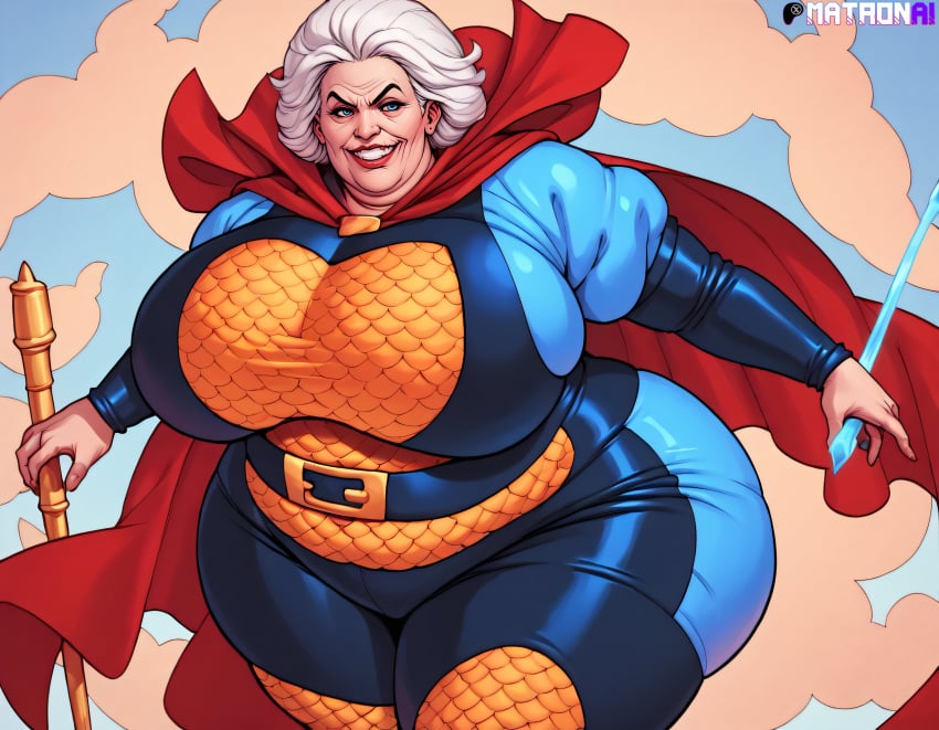 1girls 2024 ai_generated artist_name belt belt_buckle big_breasts blue_eyes breasts cape clothed clothing dc dc_comics female female_only fully_clothed gilf glistening glistening_clothing granny granny_goodness grin grinning grinning_at_viewer hair huge_breasts huge_thighs light-skinned_female light_skin lips lipstick looking_at_viewer makeup matronai_(artist) mature mature_female mature_woman outside red_cape red_lipstick short_hair smile smiling smiling_at_viewer solo solo_female stable_diffusion standing teeth the_new_gods thick_thighs venus_body voluptuous voluptuous_female white_hair wrinkles