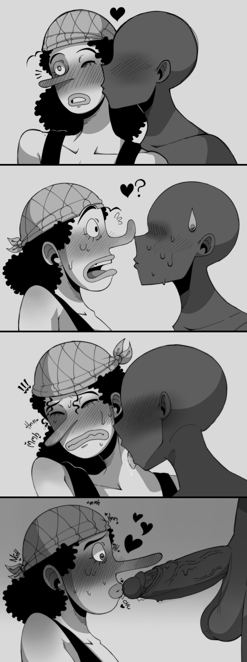 closed_eyes cock_shock face_closeup faceless_male fetaccine gay greyscale heart-shaped_pupils kissing kissing_cheek kissing_neck kissing_penis male/male male_only monochrome multiple_images one_piece sweat toony_face usopp