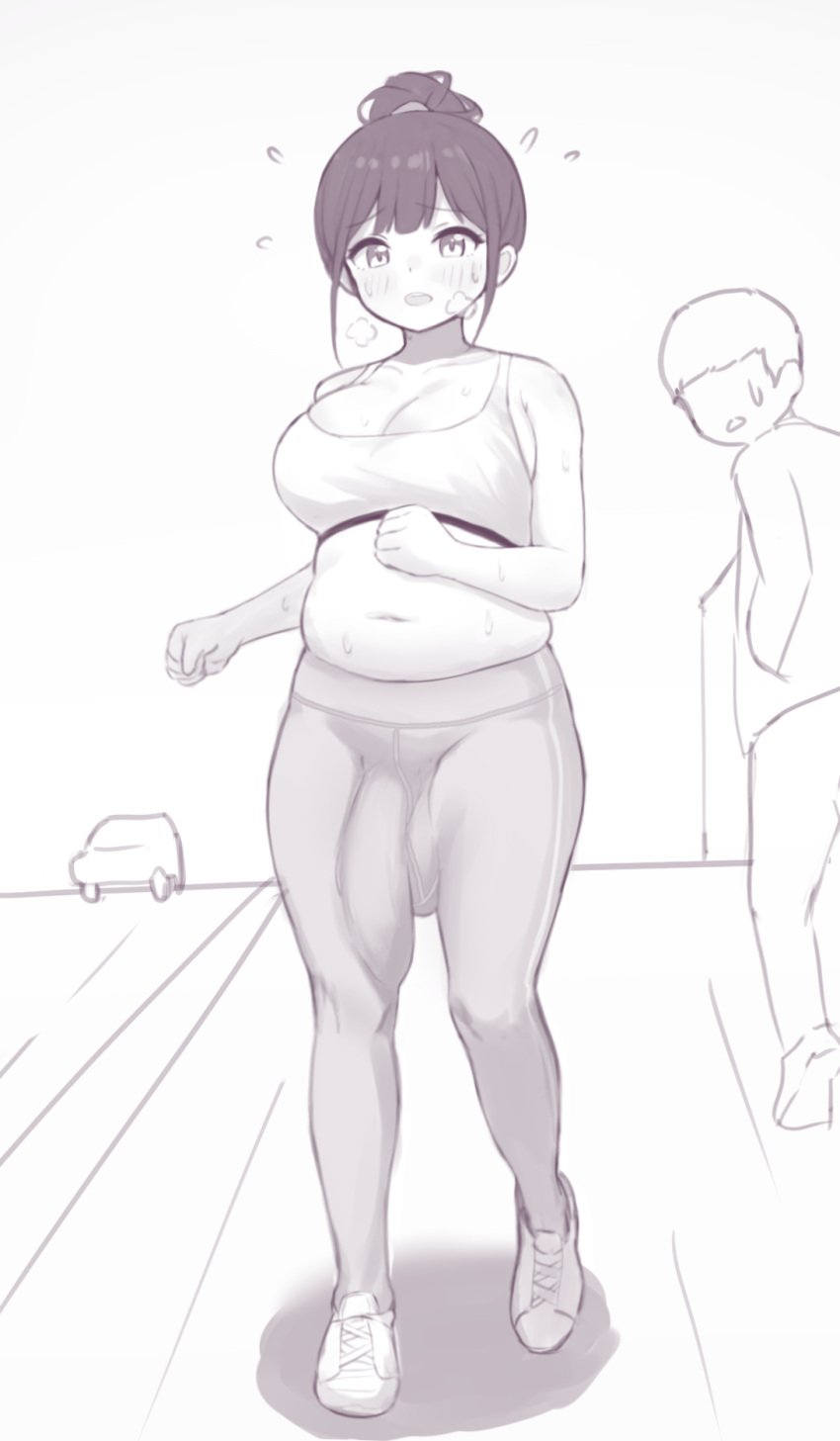 1boy 1futa 2024 balls bangs belly big_breasts big_penis big_testicles blush breasts breath bulge chubby cleavage clothed clothing exercise flaccid fully_clothed futa_focus futanari grey_background greyscale hair_bun huge_cock human jogging male midriff minishell monochrome navel pants penis plump public short_hair simple_background skin_tight sneakers solo_focus sports_bra standing sweat yoga_pants