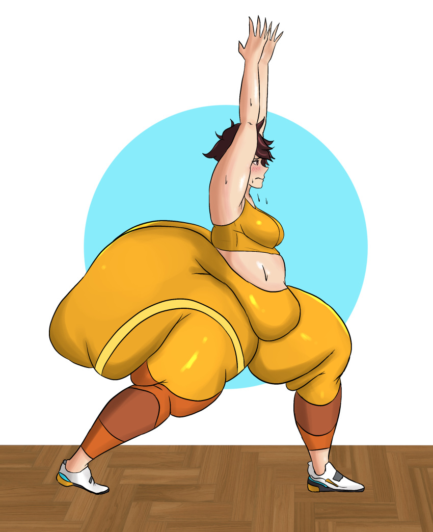 1girls akkyon ass bbw big_ass bottom_heavy brown_hair fat_ass female huge_ass overwatch overwatch_2 overweight overweight_female short_hair solo tracer yoga