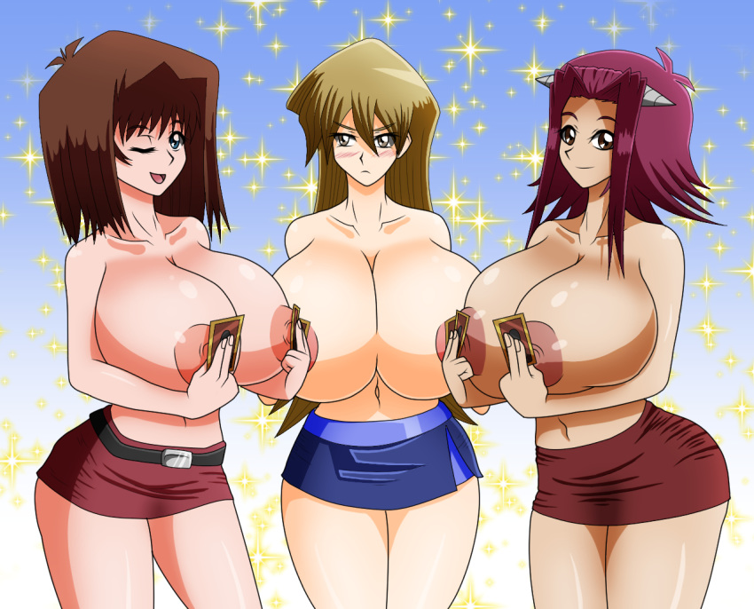 3girls :d akiza_izinski alexis_rhodes beltskirt big_breasts blonde_hair blue_eyes blue_skirt breasts brown_hair cards clothed covering_nipples female female_only hair_ornament huge_breasts human izayoi_aki konami long_hair miniskirt multiple_girls nipples one_eye_closed oxdaman oxdarock red_hair red_skirt short_hair skirt smile tea_gardner thick_legs thick_thighs topless voluptuous wide_hips yu-gi-oh! yu-gi-oh!_5d's yu-gi-oh!_gx yuu-gi-ou yuu-gi-ou_5d's yuu-gi-ou_gx zahkey