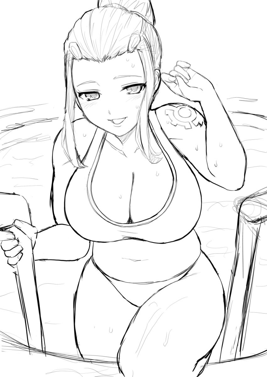 1girls belly big_breasts brigitte brigitte_lindholm cleavage female hair_clips hairclip honya6 long_hair navel one-piece_swimsuit overwatch overwatch_2 ponytail pool shoulder_tattoo sidelocks solo swimsuit tattoo thick_thighs wet