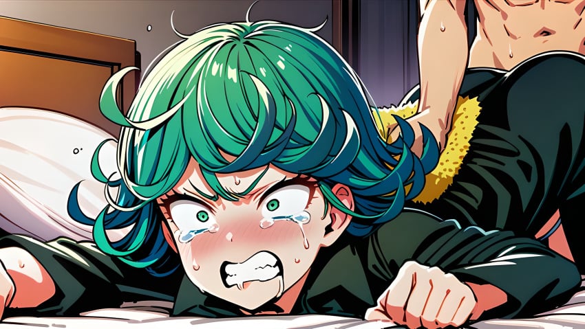 1girls after_sex ai_generated ass ass_up bed bedroom bent_over crying crying_with_eyes_closed crying_with_eyes_open cum cum_in_ass cum_in_pussy cum_inside female forced forced_anal forced_orgasm green_eyes green_hair gritting_teeth holding_pillow one-punch_man orgasm partial_male rape short_hair tatsumaki tears violated_heroine violation