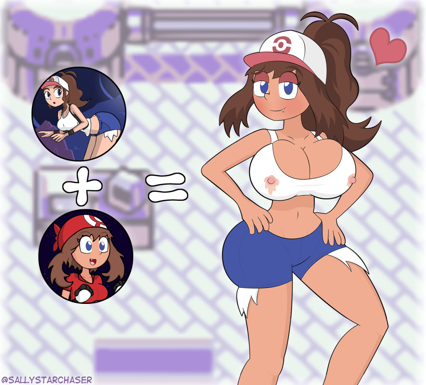 <3 2019 2girls alternate_breast_size bandana baseball_cap bedroom_eyes bending_forward bending_over bent_over blue_eyes blue_shorts blush breast_expansion breasts cap clothed denim_shorts female fusion gloves hands_on_hips happy hazel_eyes hilda_(pokemon) human jean_shorts lactation lactation_through_clothes lidded_eyes may_(pokemon) milk moderate_tomboys nintendo open_mouth pokemon pokemon_bw pokemon_rgby pokemon_rse pokemon_trainer raised_ass red_bandana sally_starchaser seductive seductive_look shorts smile smirk snaggle_tooth tank_top text thick_thighs tomboys white_tank_top wide_hips wristbands