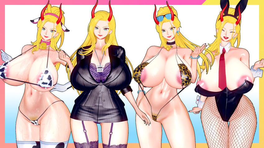 apuri beast_pirates black_maria blonde_hair blonde_pubic_hair blue_eyes breasts bunny_ears bunny_girl bunnysuit cigarette cigarette_holder cow_bikini cowbell female female_only fishnets geisha gigantic_breasts horned_female horns huge_breasts kimono koikatsu micro_bikini oiran one_piece pubic_hair wano_country