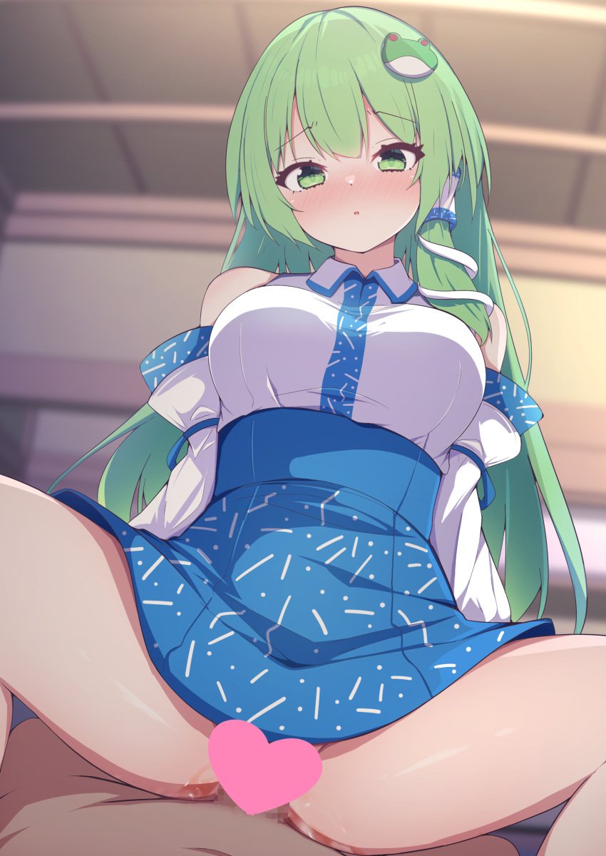 1boy absurdres arms_behind_back bare_shoulders blue_skirt blurry blurry_background blush breasts bright_pupils censored collared_shirt commentary_request darumoon detached_sleeves eyelashes feet_out_of_frame female frog_hair_ornament green_eyes green_hair hair_between_eyes hair_ornament heart heart_censor high-waist_skirt highres indoors kochiya_sanae large_breasts long_hair long_sleeves looking_at_viewer no_panties nontraditional_miko nose_blush open_mouth paid_reward_available pov sanae_kochiya sex shirt sidelocks skirt sleeveless sleeveless_shirt snake_hair_ornament solo_focus squatting_cowgirl_position straight straight_hair thighs touhou tsurime vaginal_penetration very_long_hair white_shirt wide_sleeves