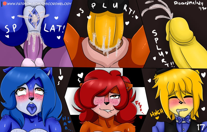 ahe_gao animatronic anthro balls biting_lip blush bonnie_(fnaf) chica_(fnaf) comic cum cum_in_ass cum_in_pussy cum_inside cumming_together cumshot dim discordmelody double_penetration ejaculation female five_nights_at_freddy's foxy_(fnaf) freckles golden_freddy_(fnaf) hi_res jasmine_ivory looking_pleasured lying machine male mammal missionary_position on_back orgasm orgasm_face penetration penis pussy pussy_juice robot sex straight text video_games voyeur voyeurism