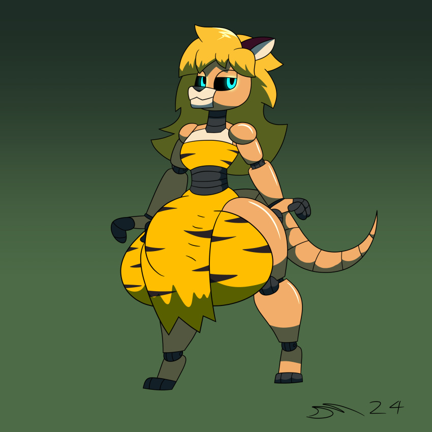 absurd_res animal_print animatronic anthro blonde_hair blue_eyes bottomwear clothing dirtymac futa futa_only futanari hair herpestid hi_res hyper loincloth long_hair machine male mammal meerkat robot short_stack tan_body tiger_print