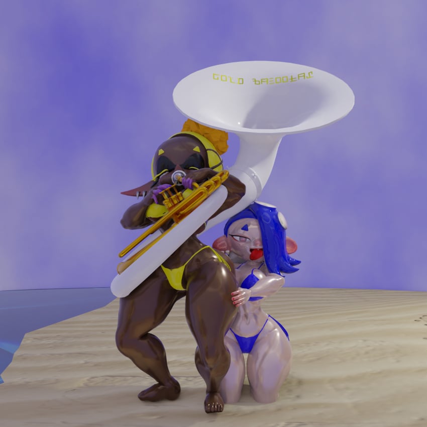 2girls 3d barefoot big_breasts bikini blender blender_(software) blue_bikini brass_instrument closed_eyes dark-skinned_female dark_skin dld493v2 female female_only frye_(splatoon) large_breasts nintendo playing_instrument puffed_cheeks self_upload shiny_skin shiver_(splatoon) sousaphone splatoon tentacle_hair thick_thighs tongue_out tuba weird wide_hips yellow_bikini