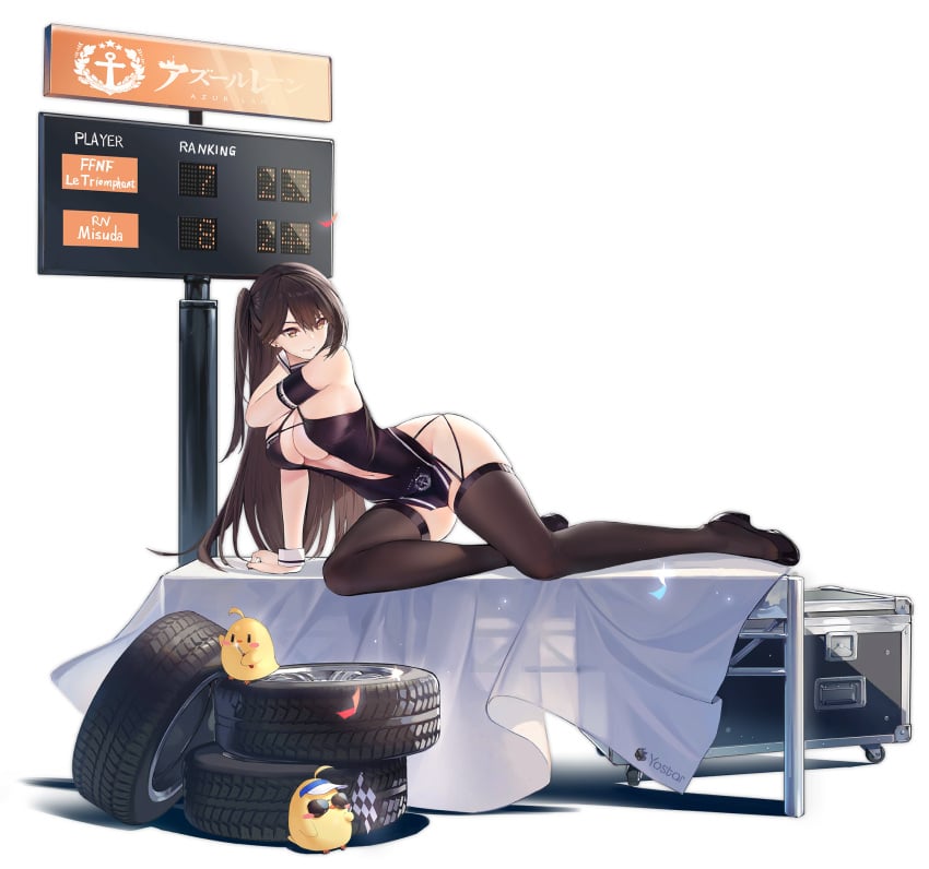 1girl arm_strap arm_support azur_lane bare_shoulders bird black_dress black_footwear black_glove black_stockings black_thighhighs breasts brown_eyes brown_hair center_opening cleavage cleavage_cutout clothing_cutout criss-cross_halter dress earrings female female_only full_body game halter_dress halterneck high_heels jewelry large_breasts light-skinned_female long_hair looking_at_viewer navel navel_cutout official_alternate_costume official_art race_queen revealing_clothes sakura_empire_(azur_lane) smile solo stockings string suggestive suggestive_pose sunglasses thighhighs thighs tire very_long_hair white_background wrist_cuffs zuikaku_(azur_lane) zuikaku_(the_wind's_true_name)_(azur_lane)