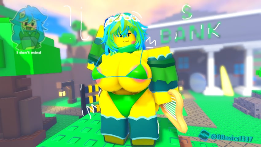 3d ass belly big_ass big_breasts bikini bikini_bottom bikini_top blue_hair breasts doomspire_defense druid_rockstar_(doomspire_defense) eyes female female flower green_bikini_bottom green_hair ktiiejiju_(artist) mouth nipples pose roblox roblox_game robloxian thighs yellow_body