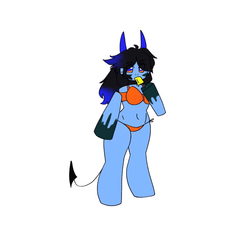 background belly bikini black_hair blue_horns blue_skin bluedevil bluey_(bluedevil) chubby demon demon_girl demon_horns demon_tail long_hair navel oni original popsicle red_bikini roblox robloxian self_insert simple_background stretching tagme tummy twitter_username white_background