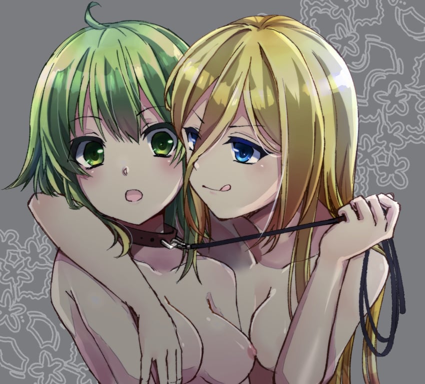 2girls ahoge arm_around_shoulder blonde_hair blue_eyes breasts closed_mouth collar female female/female female_only gothloli_dokuro green_eyes green_hair grey_background gumi hair_between_eyes highres holding holding_leash leash licking_lips lily_(vocaloid) long_hair long_hair_between_eyes looking_at_another medium_breasts medium_hair multiple_girls nipples nude nude_female open_mouth simple_background tongue tongue_out upper_body v-shaped_eyebrows vocaloid yuri