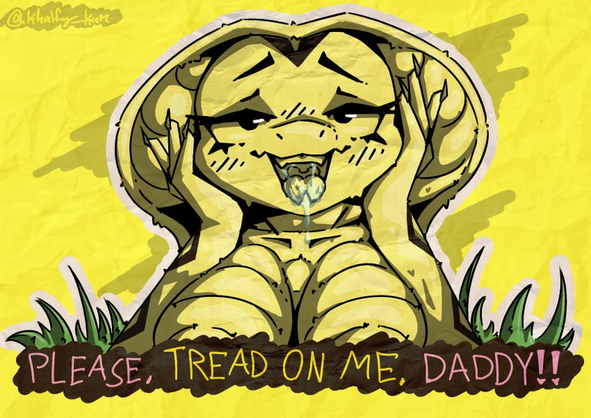 absurd_res ahe_gao anthro big_breasts blush bodily_fluids breasts dialogue digital_media_(artwork) don't_tread_on_me drooling english_text female forked_tongue gadsden_flag glistening glistening_body glowing glowing_eyes hi_res khalfy_kun looking_at_viewer looking_pleasured meme non-mammal_breasts nude open_mouth parody politics reptile saliva saliva_string scalie simple_background smile snake snake_hood solo speech_bubble teeth text tongue tongue_out yellow_background