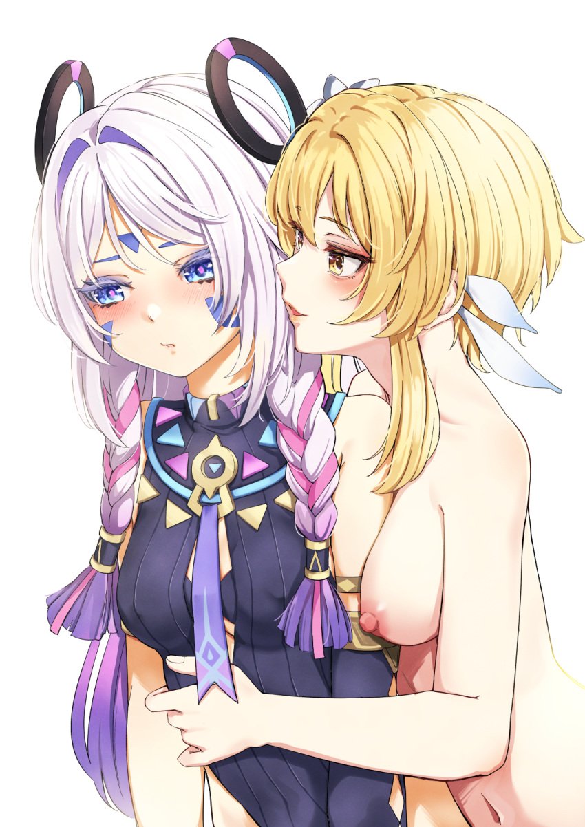 2girls arm_between_breasts bare_shoulders between_breasts black_leotard blonde_hair blue_eyes blush braid breasts citlali_(genshin_impact) clothed_female_nude_female completely_naked completely_nude completely_nude_female facial_mark floating_headgear flower funyariko genshin_impact hair_flower hair_intakes hair_ornament headgear hug leotard long_hair looking_at_another lumine_(genshin_impact) medium_breasts multiple_girls navel nipples nude parted_lips pink_hair pink_pupils short_hair_with_long_locks simple_background sleeveless_turtleneck_leotard triangle triangle_facial_mark twin_braids upper_body white_background white_flower yellow_eyes yuri