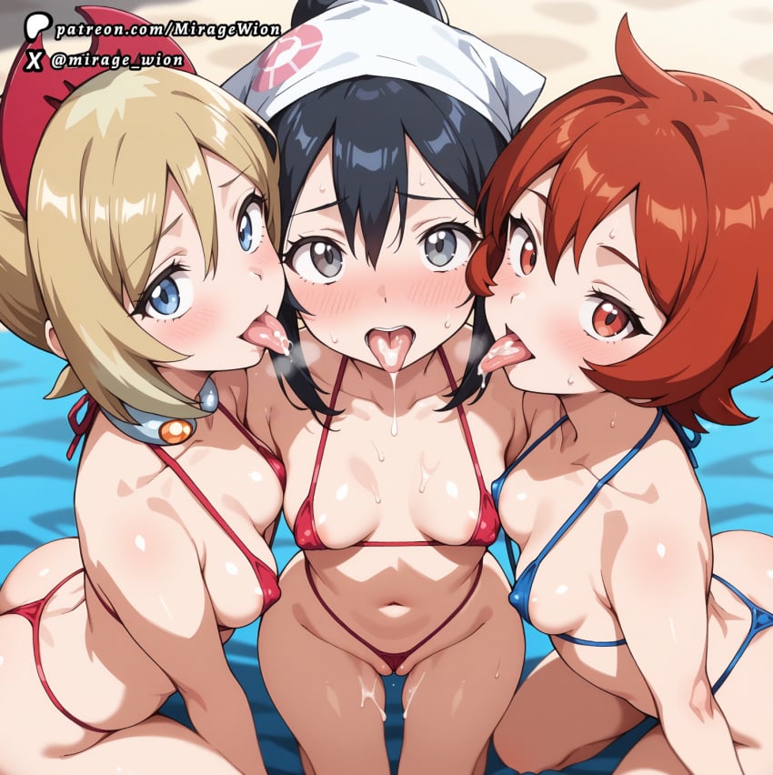 3girls ai_assisted ai_generated akari_(pokemon) arezu_(pokemon) beach black_hair blonde_hair cameltoe cum cum_drip cum_in_mouth erect_nipples game_freak irida_(pokemon) looking_at_viewer medium_breasts micro_bikini mirageart multiple_girls naughty_face nintendo nipple_bulge nipples pokemon pokemon_legends:_arceus ponytail pov red_eyes red_hair short_hair shortstack small_breasts smile standing worried