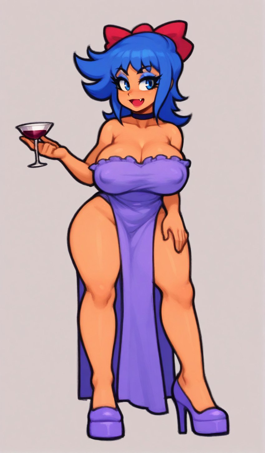 1girls ai_generated big_breasts blue_eyes blue_hair breasts choker cleavage dress eyeshadow fang female female_only friday_night_funkin friday_night_funkin_mod hairbow high_heels nipple_bulge open_mouth pelvic_curtain purple_dress purple_high_heels smile solo tagme tan_skin thick_thighs thighs wine_glass yoshubs