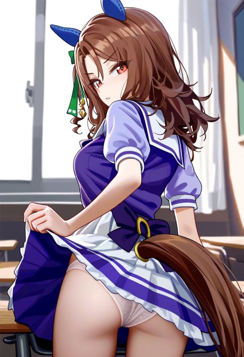 ai_generated animal_ears animal_tail brown_hair classroom female horse_girl king_halo_(umamusume) looking_back_at_viewer red_eyes ribbon skirt_lift tracen_school_uniform umamusume umamusume_pretty_derby white_panties