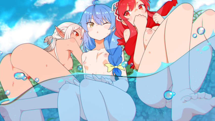 3girls ;o a_rank_party_o_ridatsu_shita_ore_wa_moto_oshiego-tachi_to_meikyuu_shinbu_o_mezasu ass barefoot blue_hair blue_sky bow braid breasts chromatic_aberration clenched_hand cloud clover completely_nude convenient_censoring dark-skinned_female dark_elf dark_skin dark_skinned_female elf elf_ears elf_female elf_girl erect_nipples feet flat flat_chest flat_chested from_below grass hair_over_shoulder hair_ribbon hairbow half_up_half_down_braid highres lake large_breasts long_hair marina_(aparida) mosquito_bites multiple_girls nipples nude one_eye_closed orange_eyes outdoors pale pale-skinned_female pale_skin pale_skinned_female partially_submerged partially_underwater_shot perky_nipples petite petite_body petite_breasts petite_female pointy_ears ponytail rain_(aparida) rbx_lamen red_eyes red_hair ribbon silk_(aparida) sitting sky small_breasts smile underwater water water_censor water_drop white_hair yellow_bow yellow_eyes young young_female young_woman