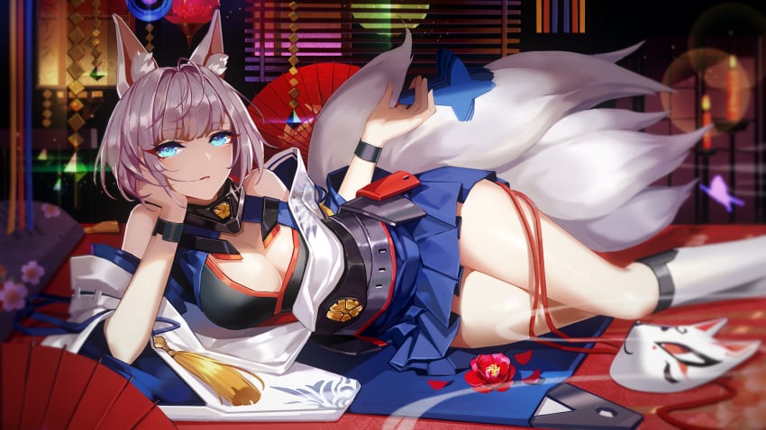 animal_ear_fluff animal_ears azur_lane blue_eyes cleavage cleavage_cutout eyebrows_visible_through_hair female fox fox_ears fox_girl fox_tail game kaga_(azur_lane) kitsune kitsunemimi kyuubi large_breasts large_tail laying_down multiple_tails official_alternate_costume official_art short_hair skirt tail upper_body white_hair white_tail