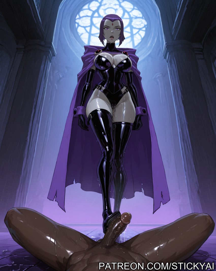 1girls ai_generated breasts brown-skinned_male brown_arms brown_body brown_fingers brown_legs brown_penis brown_skin dark-skinned_male dc dc_comics fit foot_fetish foot_play footjob male/female nsfw purple_eyes purple_hair raven_(dc) teen_titans