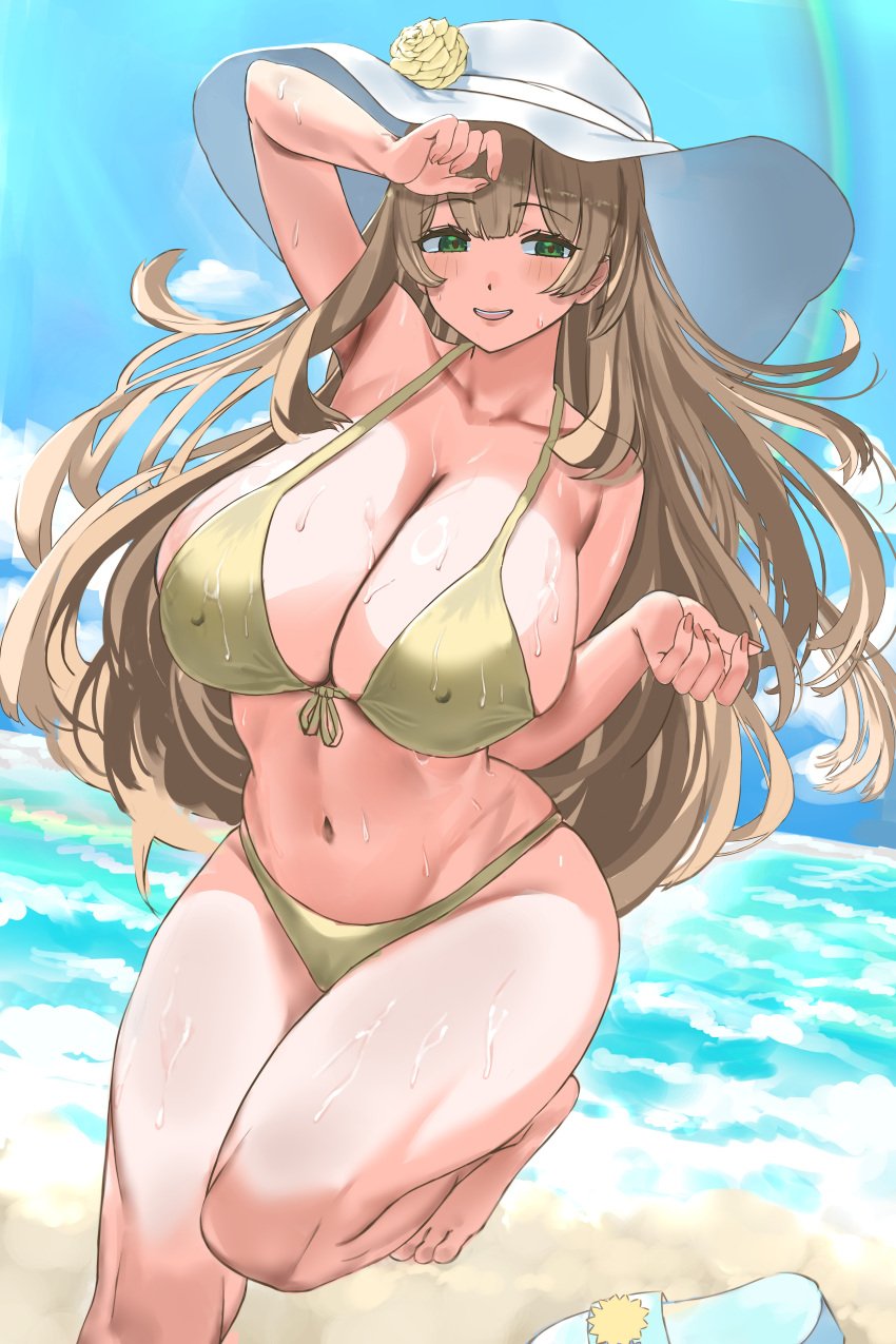 1girls absurdres abydos_high_school_student arm_up beach bikini blue_archive breasts brown_hair cleavage cloud collarbone covered_nipples day female foreclosure_task_force_(blue_archive) green_eyes hair_between_eyes hat highres huge_breasts long_hair looking_at_viewer midriff navel nonomi_(blue_archive) nonomi_(swimsuit)_(blue_archive) nuo_(fttv3255) ocean open_mouth outdoors rainbow sand sky smile solo standing standing_on_one_leg sun_hat swimsuit thick_thighs thighs water wet white_hat yellow_bikini