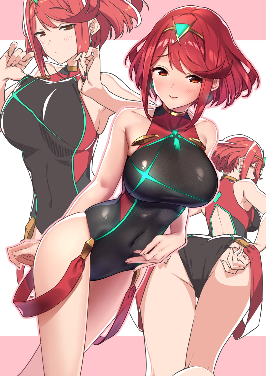 1girls absurdres adjusting_clothes adjusting_swimsuit ass baffu bangs bare_shoulders black_swimsuit blush breasts busty commentary_request covered_navel earrings eyebrows_visible_through_hair female gem gold_trim hair_ornament hairband hand_on_own_stomach headpiece highres jewelry large_breasts lifted_by_self looking_at_viewer multiple_views neon_trim nintendo one-piece_swimsuit pose pyra red_eyes red_hair short_hair sidelocks smile solo swept_bangs swimsuit swimsuit_lift tiara xenoblade_(series) xenoblade_chronicles_2