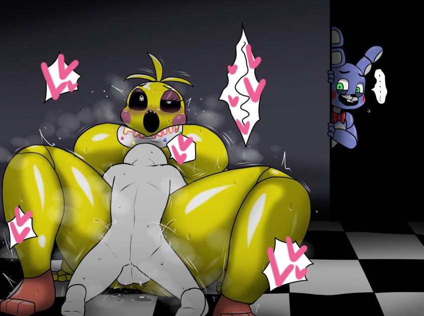 1girls 2boys 2d 2d_(artwork) 3_fingers 3_toes anonymous_male anthro big_ass big_breasts black_and_white_floor blue_hair blush blushing_female bowtie bowtie_collar breasts cyan_eyes enigi09 eyebrows eyelashes female five_nights_at_freddy&#039;s five_nights_at_freddy&#039;s_2 heart heart_eyes hi_res human human_penetrating human_penetrating_anthro humanoid legs_apart male male/female peeping penis_in_pussy rabbit_ears rabbit_teeth red_bowtie robot robot_boy robot_girl size_difference smoke_around_body sweat thick_thighs toy_bonnie_(fnaf) toy_chica_(fnaf) video_game video_game_character yellow_body