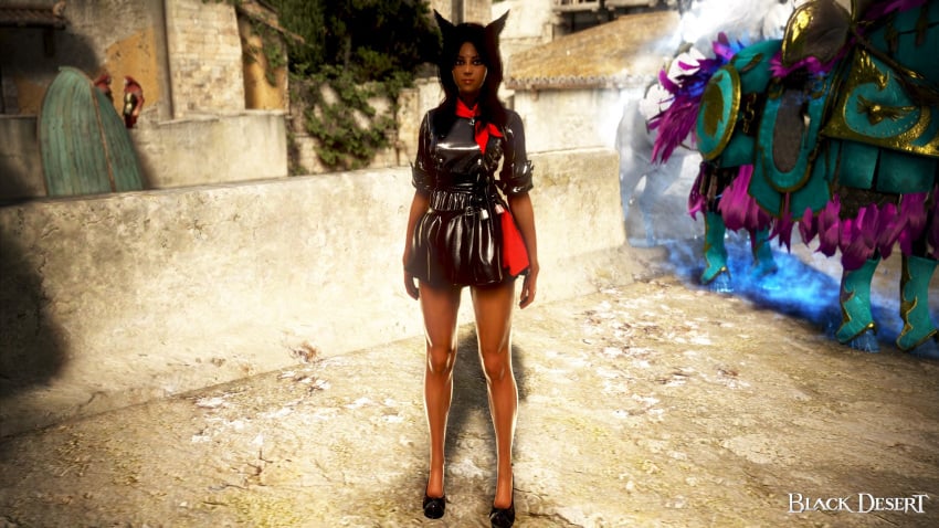 3d arab_female arabian_female bdo beurette black_desert black_desert_online black_dress black_hair black_heels black_leather commentary_request dark-skinned_female dog_ears dog_girl exposed fucktoy game_screenshot irl_character leather_dress submissive yourbdoslave