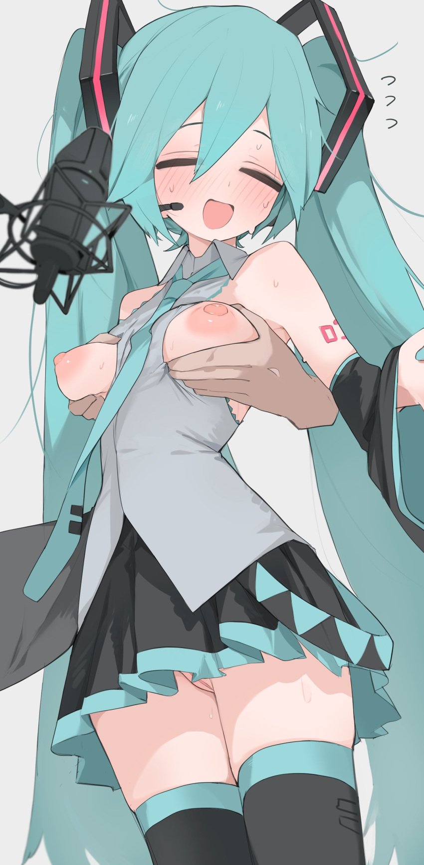 1boy :d ^_^ absurdres aqua_hair bare_shoulders black_thighhighs blush breasts breasts_out closed_eyes commentary cowboy_shot female grabbing_another's_breast grabbing_from_behind grey_background groping hatsune_miku highres long_hair medium_breasts mikozin nipples no_panties open_mouth pussy simple_background skindentation smile solo_focus surprised thighhighs thighs twintails vocaloid zettai_ryouiki