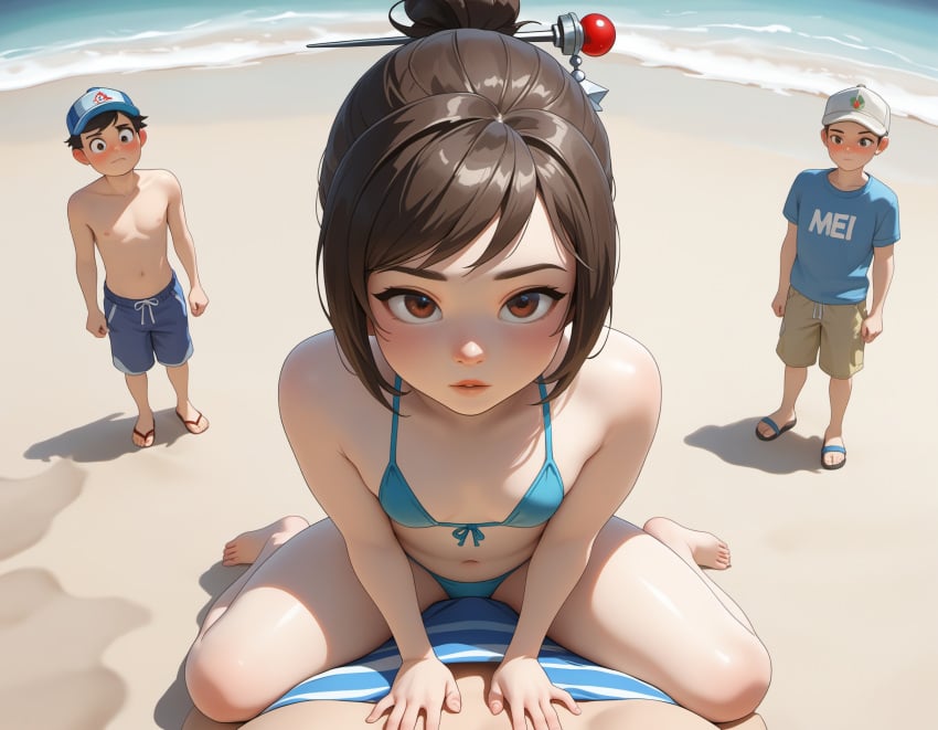 aged_down ai_generated beach bikini blush blush flat_chest flat_chested mei_(overwatch) onlookers overwatch public sitting_on_person small_breasts tiny_breasts young younger_female