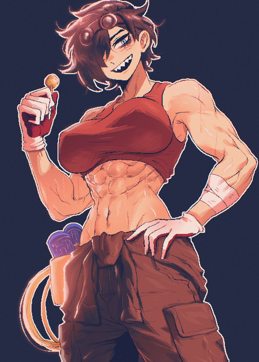 1girl 1girls abs absurdres breasts brown_hair butch candy cargo_pants covered_nipples cowboy_shot female female_only fit fit_female food gloves goggles goggles_on_head hair_over_one_eye highres holding holding_candy holding_food large_breasts lollipop looking_at_viewer muscular muscular_female navel original pants sharp_teeth short_hair solo spoiledmuffin tagme tagme_(character) teeth tomboy