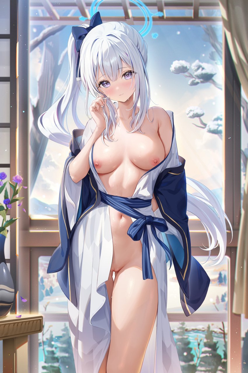 breasts houkisei miyako_(blue_archive) naked_kemono nipples pussy white_hair