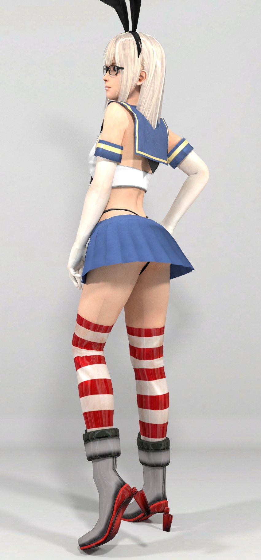 1girls 3d 3d_(artwork) absurdres alternate_eye_color alternate_hair_color alternate_hairstyle anchor_hair_ornament ass black_neckwear black_panties blue_sailor_collar blue_skirt bunny_ears crop_top cropped_legs dead_or_alive dead_or_alive_5 elbow_gloves female female_only flat_chest glasses gloves grey_background grey_eyes hair_ornament highleg highleg_panties highres kantai_collection lips long_hair looking_at_viewer marie_rose microskirt miniskirt neckerchief panties photonlanccer sailor_collar shimakaze_(kantai_collection) shimakaze_(kantai_collection)_(cosplay) silver_hair simple_background skirt solo straight_hair underwear white_gloves