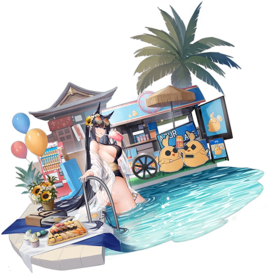 1girls animal_ears arms_behind_head ass azur_lane backless_swimsuit bare_shoulders bikini black_hair black_swimsuit blue_eyes breasts eyeball eyebrows_visible_through_hair female female_focus female_only flower from_behind game hair_flower hair_ornament hair_ribbon kii_(azur_lane) kii_(poolside_persuasion)_(azur_lane) large_breasts light-skinned_female light_skin long_hair looking_at_viewer looking_back official_art ribbon sakura_empire_(azur_lane) sideboob solo sunflower sunflower_hair_ornament swimsuit thighs very_long_hair wet white_flower white_ribbon