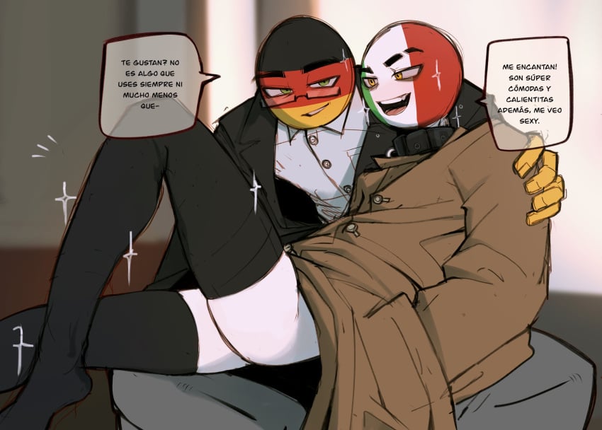 2boys black_legwear black_thighhighs clothed coat collar conversation countryhumans couple dafriix gay germany_(countryhumans) hand_on_shoulder italy_(countryhumans) open_mouth smirking tagme thighhighs