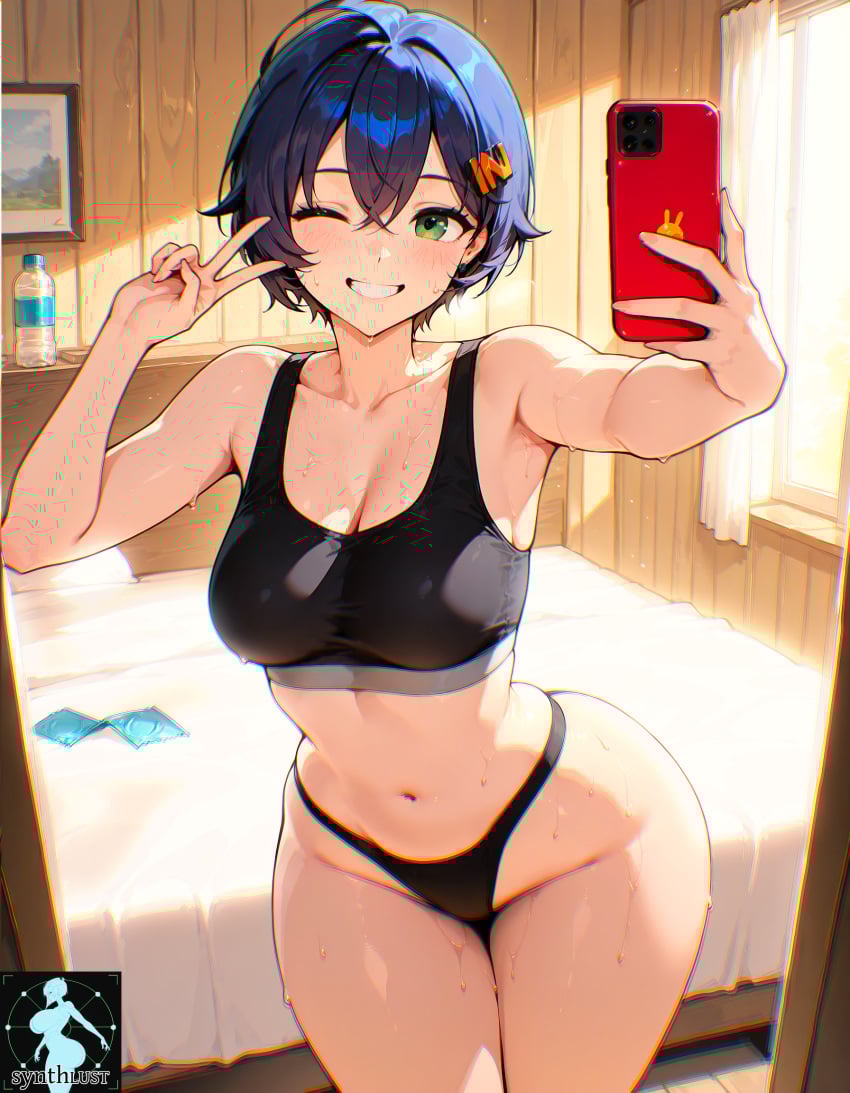 1girls ai_generated armpits bed belle_(zenless_zone_zero) blue_hair breasts condom female green_eyes hourglass_figure panties phone proxy_(zenless_zone_zero) selfie short_hair sweat tank_top wide_hips wink zenless_zone_zero