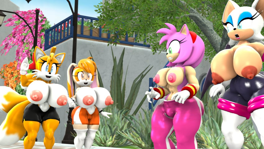 3d 3d_(artwork) amy_rose anthro areola bat cream_the_rabbit erect_nipples female fox group hedgehog huge_breasts nackey nipples rabbit rouge_the_bat rule_63 sonic_(series) tails_the_fox