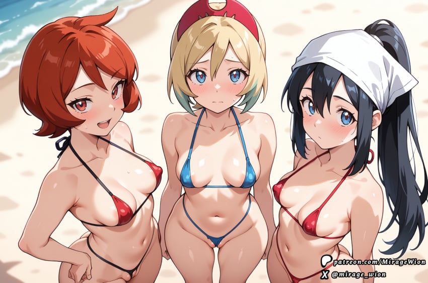 3girls ai_assisted ai_generated akari_(pokemon) arezu_(pokemon) beach black_hair blonde_hair cameltoe erect_nipples game_freak irida_(pokemon) looking_at_viewer medium_breasts micro_bikini mirageart multiple_girls naughty_face nintendo nipple_bulge nipples pokemon pokemon_legends:_arceus ponytail pov red_eyes red_hair short_hair shortstack small_breasts smile standing worried