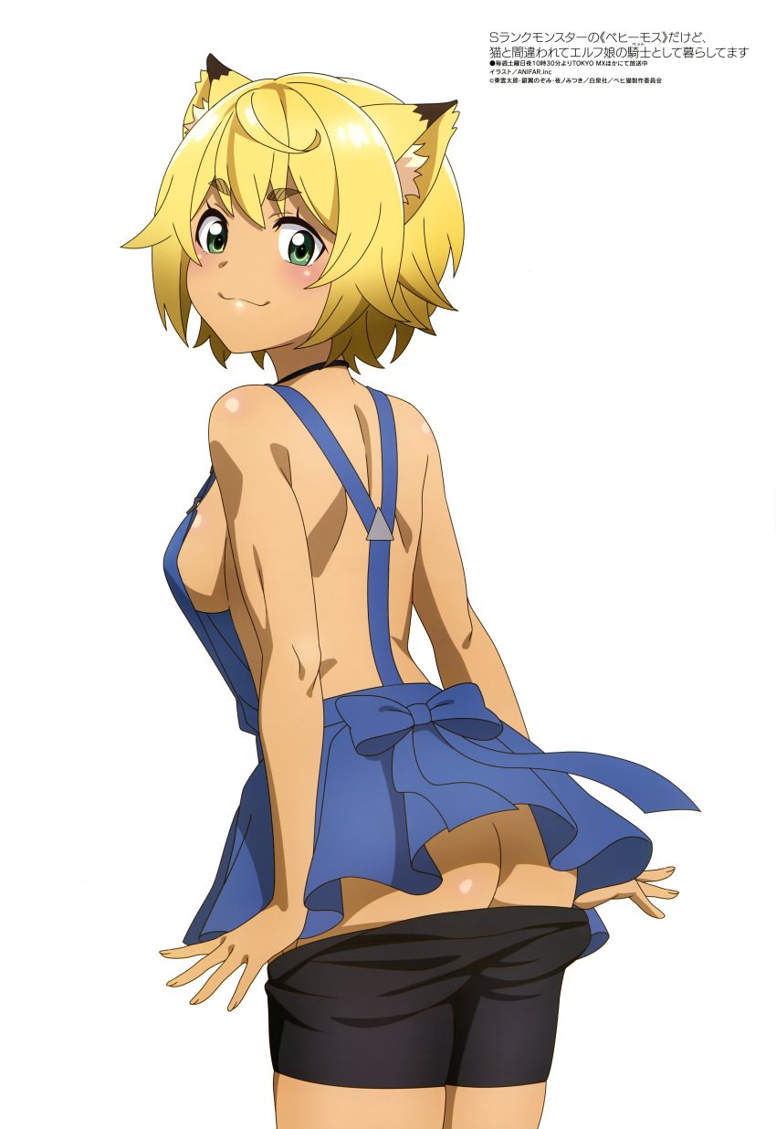 1girls :3 absurdres animal_ear_fluff animal_ears apron ass ass_focus back bare_shoulders bike_shorts blonde_hair blue_apron blush breasts butt_crack dark-skinned_female dark_skin dog_ears female female female_focus female_only green_eyes highres looking_at_viewer looking_back looking_back_at_viewer magazine_scan medium_breasts megami_magazine no_bra official_art s-rank_monster_no_"behemoth"_dakedo_neko_to_machigawarete_elf_musume_no_pet_toshite_kurashitemasu scan short_hair sideboob simple_background smile solo spats thighs undressing vulcan_(beheneko) white_background