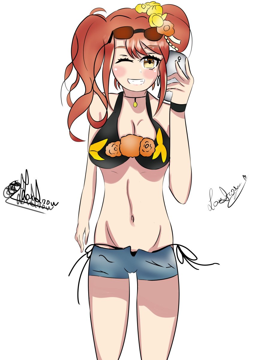 3_watermarks big_breasts bikini blush breasts d4dj flower flower_in_hair holding_phone laxdraw necklace one_eye_closed orange_hair phone seto_rika short_shorts smiling sunglasses swimsuit twintails watermark yellow_eyes