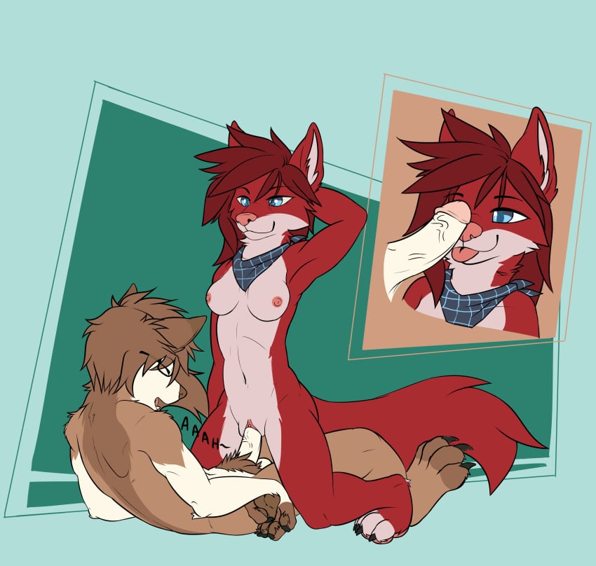 absurd_res anthro anthro_on_anthro anthro_penetrated anthro_penetrating anthro_penetrating_anthro blep blue_eyes brown_body brown_fur brown_hair brown_pubes canid canine closed_eyes closed_smile cowgirl_position duo female female_penetrated from_front_position fur genitals hair hi_res humanoid_genitalia humanoid_penis humanoid_pussy kerchief lying male male/female male_penetrating male_penetrating_female mammal martinballamore mouth_closed neckerchief neckwear nude on_back on_bottom on_top open_mouth penetration penile penile_penetration penis penis_in_face penis_in_pussy pubes pussy red_body red_fur red_hair red_nose red_tongue sex short_hair smile tongue tongue_out vaginal_penetration vaginal_penetration white_body white_fur white_penis