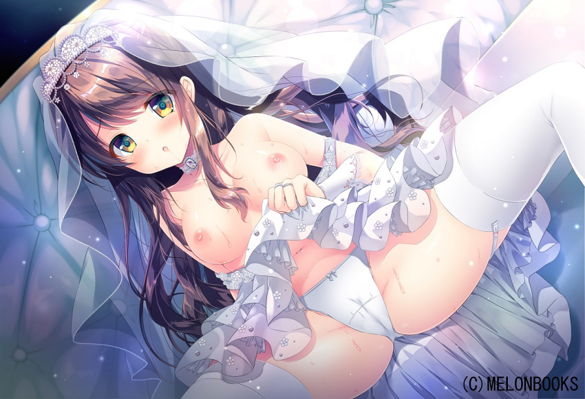 bare_shoulders bow bow_panties breasts bridal_veil brown_eyes brown_hair cameltoe collarbone commentary_request couch dress dress_lift dress_pull dutch_angle female garter_straps jewelry lifted_by_self long_hair medium_breasts melonbooks mizuki_yuuma navel nipples on_couch original panties ring sitting solo spread_legs thighhighs underwear veil very_long_hair watermark wedding_band wedding_dress white_dress white_legwear white_panties